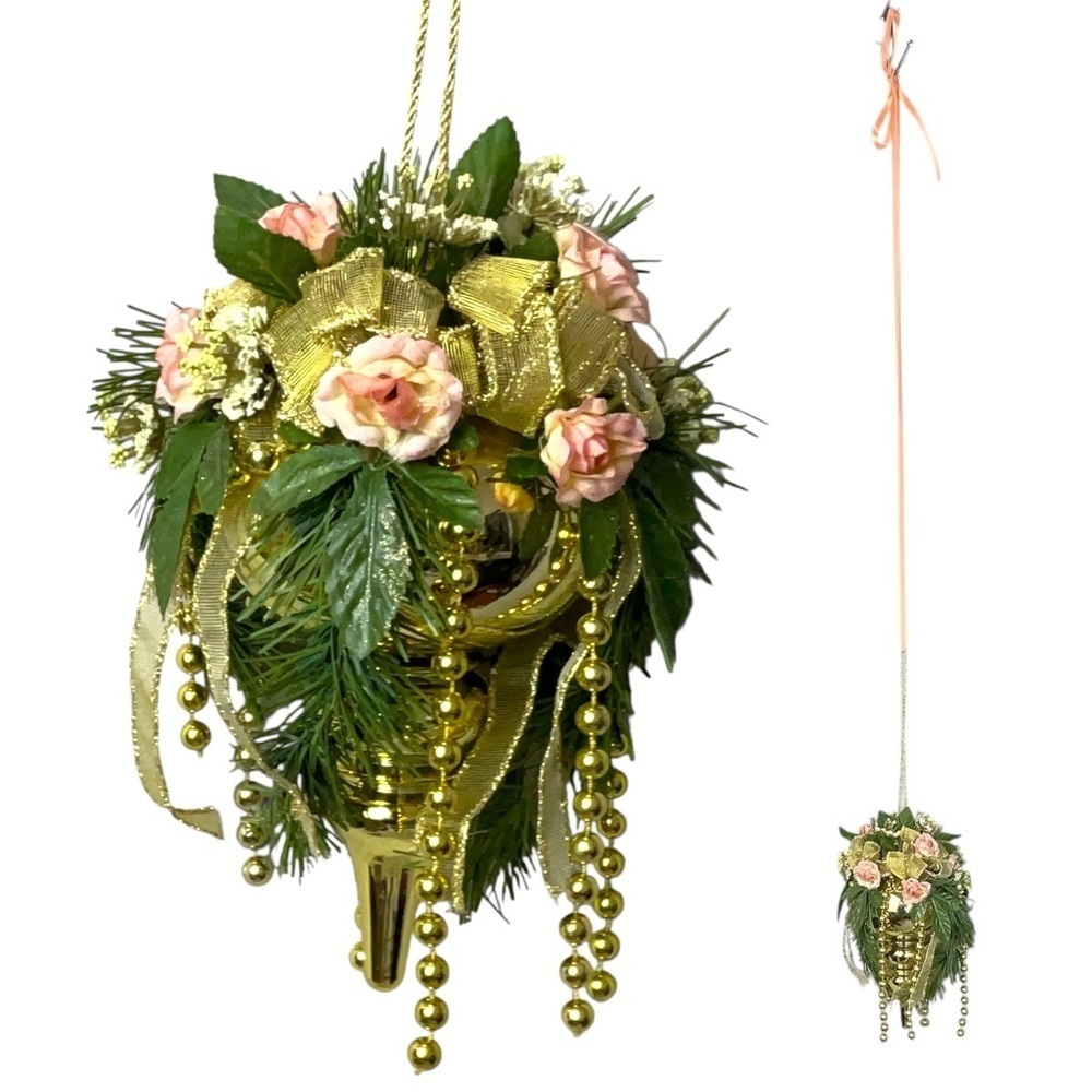 Floral Hanging Ornament Hand Crafted Pink Coral Rose Gold Accent Vintage 1990 8” - Picture 6 of 15